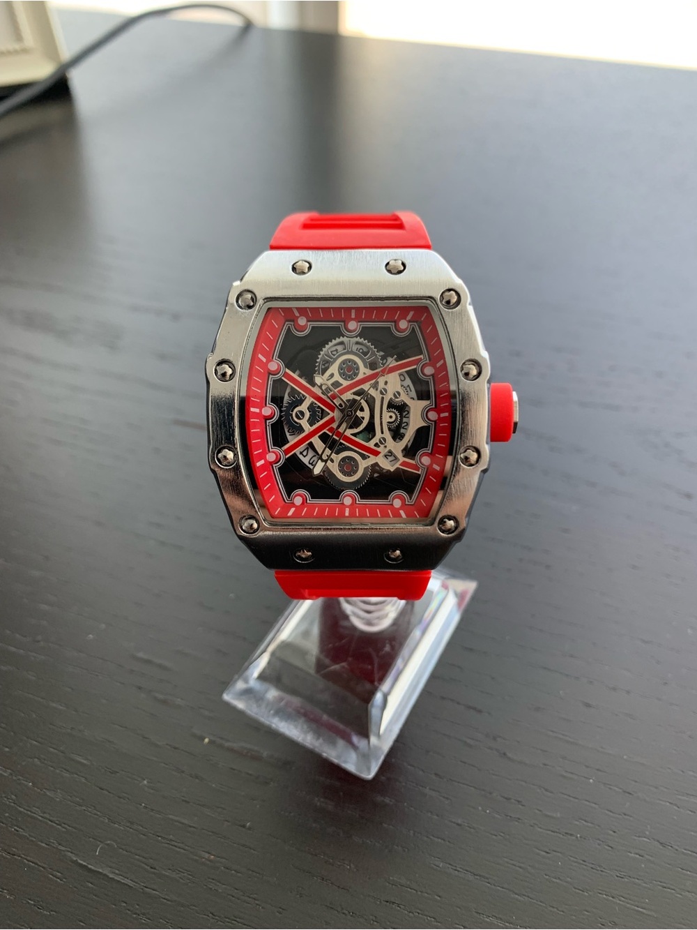 brand New Red Silicone Strap Skeleton Watch